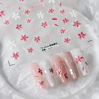 Розовая Белая Сакура 5D Мягкие рельефные рельефы Самоклеящиеся наклейки для ногтей Прекрасный маникюр Цветущая сакура Наклейки оптом