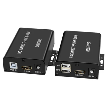 60M Видеоудлинительный адаптер HDMI-совместимый KVM USB-A Клавиатура Мышь из алюминиевого сплава RJ45 Lan Ethernet Extender TX RX