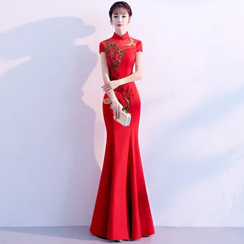 Оверсайз Женское длинное Qipao Cheongsam Китайский стиль Вечернее платье для вечеринки Сексуальная тонкая русалка Vestidos De Festa Вышивка Макси Платье
