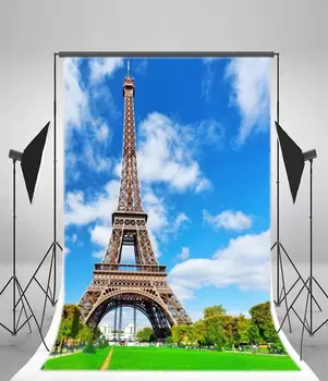 Фотография Эйфелевой башни Фон Парижская площадь для зеленых лугов Голубое небо Белое облако Свадебный фон Дети Взрослые Путешествия