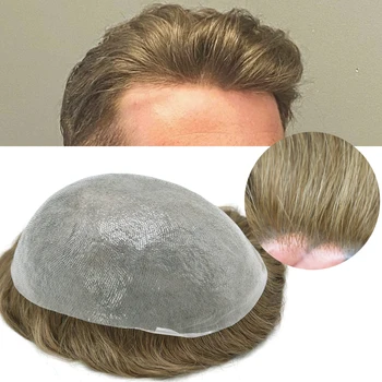 Ультратонкий кожаный парик для мужчин Система замены человеческих волос 0,06 мм Poly PU Hombre Мужской парик Мужской капиллярный протез