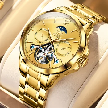 OLEVS Модный бренд Золотые стальные часы с турбийоном Мужские спортивные бизнес Водонепроницаемые автоматические механические часы с фазой луны Relogio