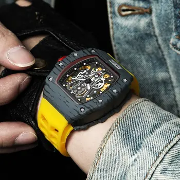 PINTIME Военные механические часы Мужчины Автоматические наручные часы с автоподзаводом Силиконовый ремешок Панк Полые скелетонизированные часы Мода Reloj