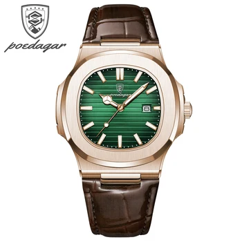 POEDAGAR Спортивные квадратные кварцевые часы для мужчин Высококачественный кожаный ремешок Водонепроницаемые светящиеся мужские часы с датой Топ-бренд Роскошь