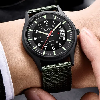 Модные мужские кварцевые наручные часы Вязаные нейлоновые наручные часы с нейлоновым ремнем для мужчин Простые круглые циферблаты Военный календарь Мужские часы