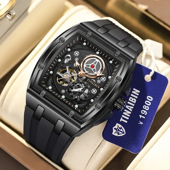 Мужские часы Ведущий бренд TIANBIN Механический механизм 316 Сталь Stianless Черный силиконовый ремешок Вино Водонепроницаемый relógios masculinos