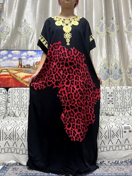 Мусульманские абайи для женщин 2023 Новые хлопковые аппликации с чистым леопардовым принтом Свободный крой Женский халат Африканское традиционное платье с тюрбаном