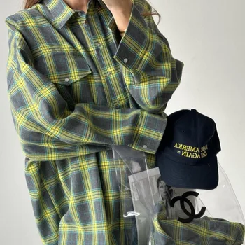 Y2K INS Длинный рукав Отложной воротник Однобортный карман Свободная футболка Осень-зима Винтажная клетчатая рубашка Топ для женщин 2023
