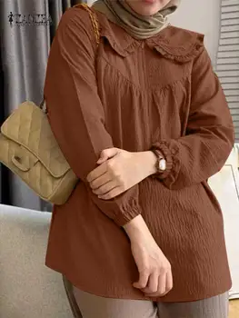 ZANZEA Мусульманская мода Топы для женщин Осень Элегантная блузка Турция Abaya Causal Кафтан Каузальная рубашка с длинным рукавом Исламская одежда