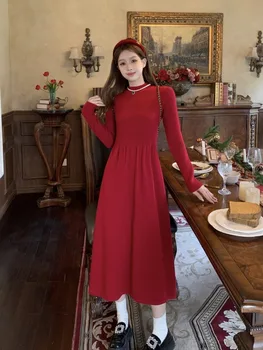 Трикотажная нижняя юбка с опущенным чувством, осенне-зимнее красное платье, маленькая и длинная юбка