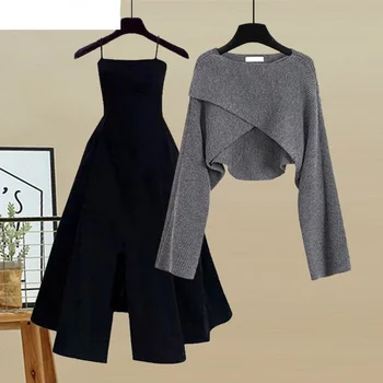 Весенний и осенний комплект Женский 2023 Новый корейский модный свитер с перекрестным вязанием Стареющее платье-слинг из двух частей N339