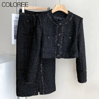 Весенний новый комплект из двух частей для женщин 2023 года Элегантный черный твидовый пиджак + юбки миди Комплекты корейской модной уличной одежды