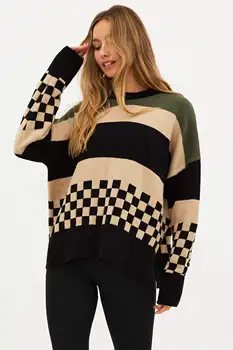 Y2k Свободный вязаный женский свитер с длинными рукавами 2023 Новый полосатый топ с круглым вырезом Повседневная мода уличная одежда Женский пуловер