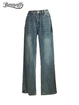 Benuynffy 2024 Весна Новые женские джинсы с прямым штанином Корейская мода Винтаж Джинсы с завышенной талией Свободные широкие джинсовые брюки