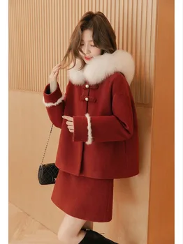 Рождественская имитация лисы плюшевый воротник пэчворк шерстяное пальто юбка из двух частей женская мода мягкий толстый теплый однотонный новогодний костюм