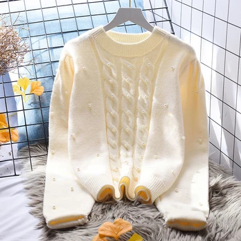 Жареный свитер из бисера из бисера Женский свободный осенне-зимний новый корейский женский короткий мягкий восковой свитер с круглым вырезом