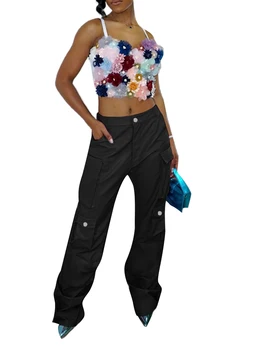 Awoscut PU кожаные брюки для женщин широкие прямые мешковатые брюки-карго с несколькими карманами Jogger Y2K Брюки уличная одежда (розовый L)