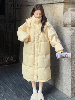 Новый женский зимний длинный пуховик Корейская мода Элегантная утолщенная хлопчатобумажная куртка до колена с капюшоном Женское пуховое пальто