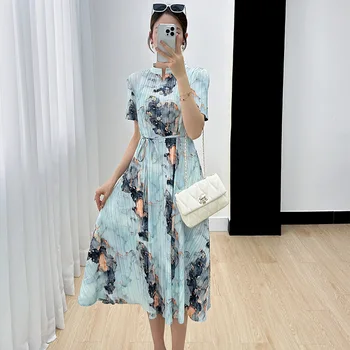 Miyake платье с принтом темперамента женское лето 2023 новое винтажное плиссированное повседневное свободное платье миди высокого класса с круглым вырезом
