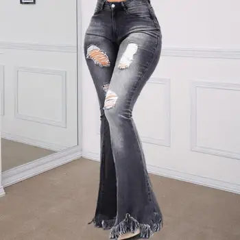  рваные дизайнерские джинсы стильные женские осенние джинсовые расклешенные брюки с высокой талией рваные отверстия кисточки манжеты карманы для модных
