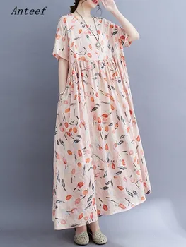 Anteef с коротким рукавом оверсайз хлопок винтажные цветочные платья для женщин повседневные свободные длинные летние платья элегантная одежда 2023