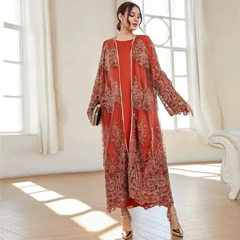 мусульманский комплект Дубай Арабская мода Повседневное сетчатое платье костюм 2 шт. Элегантные абайи для женщин Марокко Вечерние платья Повседневные абайи Набор
