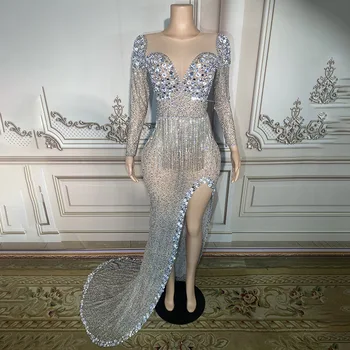 Женская тюль со стразами, бриллиантовая цепочка, съемная платье с открытой штаниной, платье-трейлер, сексуальное роскошное платье для вечеринок, сценическая одежда