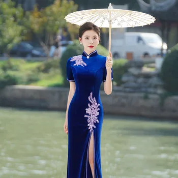 Большие размеры Сексуальная русалка Сплит Велюр Женщины Qipao Китайское платье Классическая аппликация Сценическое представление Cheongsam Вечернее платье для вечеринки