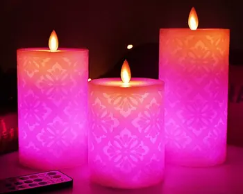 Светодиодная свеча с изменением цвета, резная 3D марокканская дизайнерская парафин Настоящий воск мерцающий движущийся фитиль беспламенные свечи с дистанционным таймером