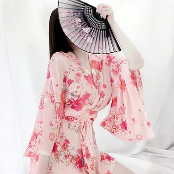 2022 НОВИНКА Розовый Сексуальный Японский Стиль Традиционное Кимоно Для Женщин Японская Пижама Шифоновое Нижнее Белье Цветочный Принт Летнее Пижамы