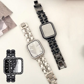 Ремешок Бриллиантовый чехол для Apple Watch Series 9 8 7 Band 41 мм 45 мм 40 мм 44 мм Кожаный ремешок из нержавеющей стали IWatch 6 5 4 3 38 мм 42 мм