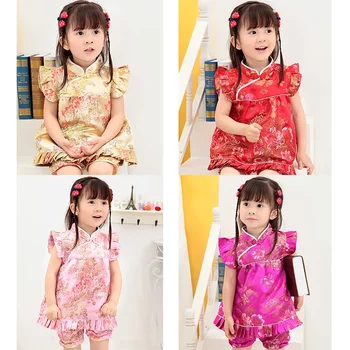 11 Цвета Китайские традиции Печать Qipao Детские комплекты Платья Короткие брюки Новый год Девочки Cheongsam Малыш Девочка Одежда
