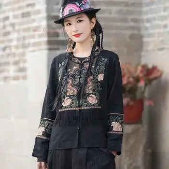 2024 китайское винтажное пальто ретро танг костюм этнический традиционный цветочный вышивка кисточки куртка восточный ханьфу топы народное пальто