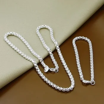 45-60 см 925 пробы стерлинговое серебро 4 мм круглая коробка цепочка ожерелье браслет набор для женщин мужчин свадебная помолвка подвеска ювелирные изделия