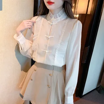 шифон однотонная женская рубашка весна/лето свободный китайский стиль блузки мода оборки одежда с длинными рукавами женские топы YCMYUNYAN