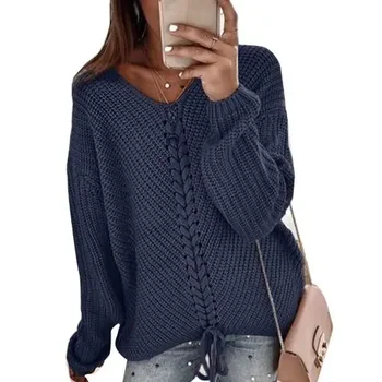 2023 Осенний и зимний свитер с V-образным вырезом Женский повседневный свободный стежок Модный женский кружевной вязаный свитер