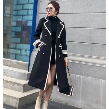 Корейская мода Шерстяное пальто Женщины Осень Зима Толстый Теплый V-образный ремень Вырез Длинное пальто Офисная леди Элегантная тонкая верхняя одежда высокого качества