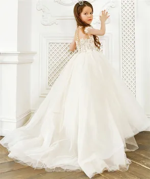 Элегантное платье для девочки-цветка для свадьбы аппликация тюль пушистый без рукавов дети принцесса ребенок день рождения платья для святого причастия