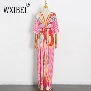 WXIBEI Элегантное длинное платье на шнуровке с принтом для женщин 2023 лето Новое V-образное вырез с длинным рукавом и высокой талией Модные платья FC476
