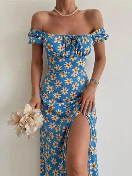 wsevypo Цветочный принт Пышное платье миди с коротким рукавом Элегантные летние женщины с квадратным вырезом Галстук Высокие платья с запахом для вечеринки
