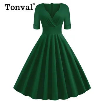 Tonval Green Solid Rockabilly 1950-х годов Винтаж с рюшами Элегантное платье для вечеринок Женщины 2021 Лето Рукав А Линия Миди Платья