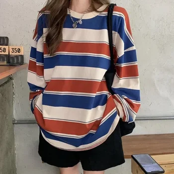 толстовки полосатый оверсайз толстовка женские пуловеры харадзюку корейские модные пары соответствующие топы с длинным рукавом уличная одежда