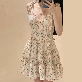 Summer Mori Girl Style Элегантное платье на шнуровке с V-образным вырезом и цветочным принтом Kawaii Fairy Princess Slip Винтаж Мини-платья Женщины 2023 Сарафан