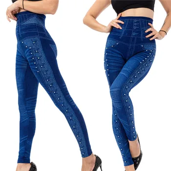 2XL Высокая талия Искусственная джинсовая джинсовая леггинсы Тонкие эластичные бесшовные узкие брюки-карандаш женские леггинсы для тренировок и бега