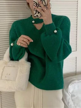 Модные женские свитера 2023 осень-зима СВОБОДНЫЕ пуловеры с круглым вырезом Твердый универсальный трикотаж Корейский модный повседневный топ с длинным рукавом