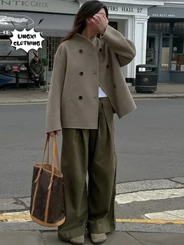 Элегантное новое кашемировое пальто в винтажном стиле зимнее двубортное уличное пальто теплое женское пиджак с лацканом свободного кардигана