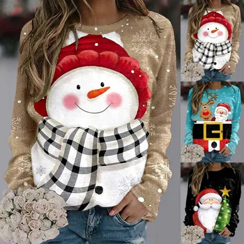 Женская рождественская толстовка Пуловер с круглым вырезом Топ Городской отдых Рождественский снеговик Kawaii Принт Свободный свитер Рождественские топы