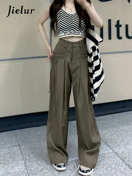 Jielur Y2K Черные ретро карманы Брюки-карго Женщины Harajuku Streetwear Широкие прямые брюки Женские простые свободные белые брюки