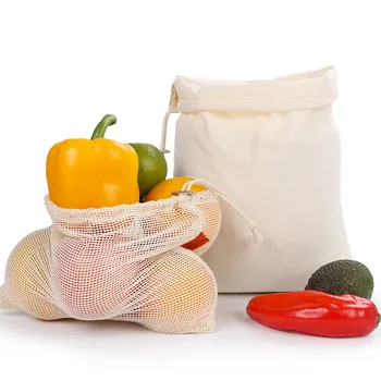 Овощные сумки Популярные хлопковые фрукты и овощи со шнурком Многоразовые домашние 1 шт. Кухонные сетчатые сумки для хранения Машинная стирка