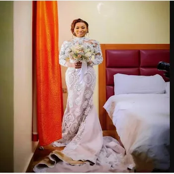 Потрясающие кружевные аппликации с высоким воротником Свадебные платья 2023 Sweep Train Vestidos De Novia Свадебные платья с длинными рукавами